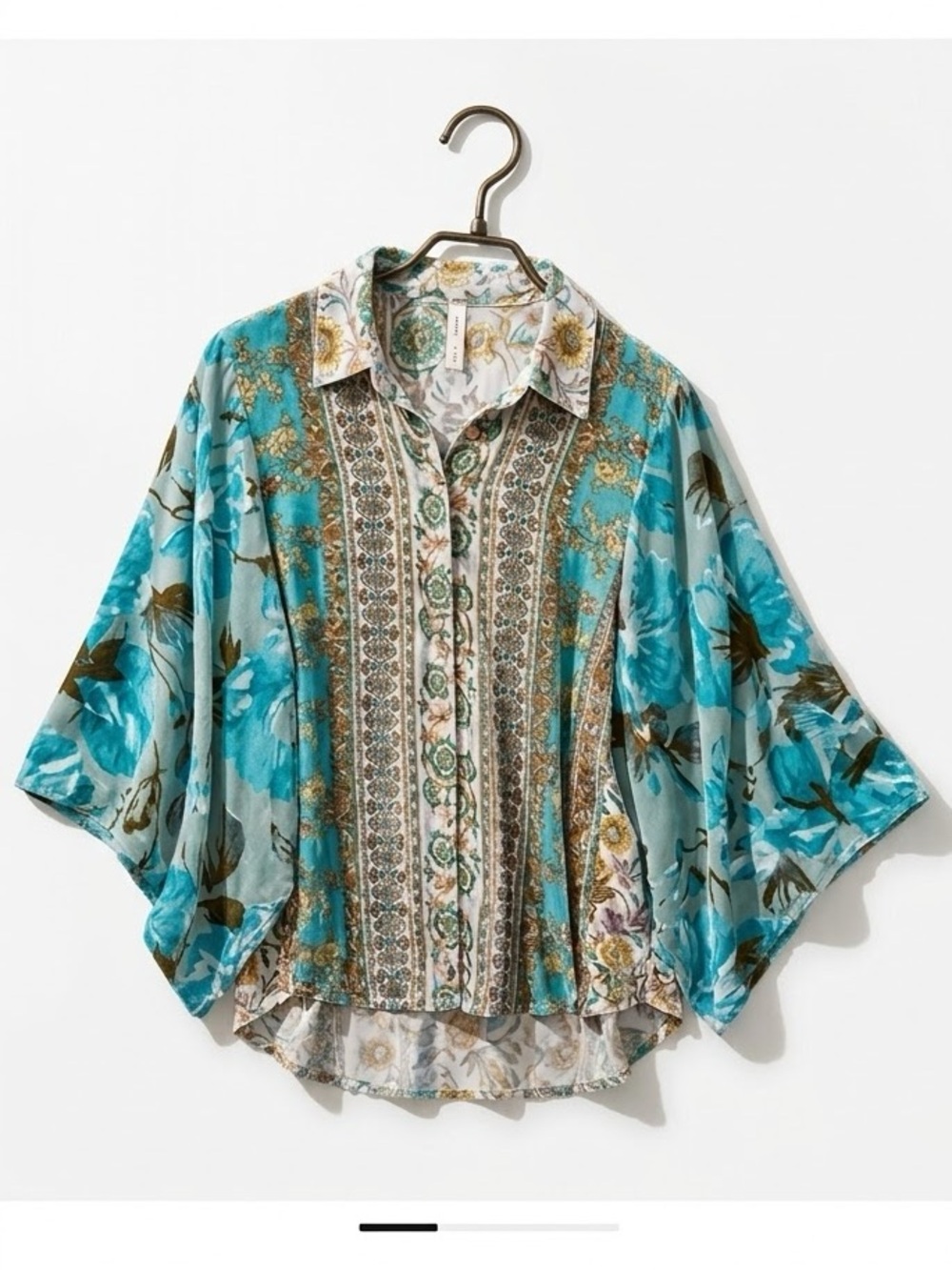 Aratta Silent Journey Floral Mixed Media Blouse Velvet Burnout Bell Sleeve Boho